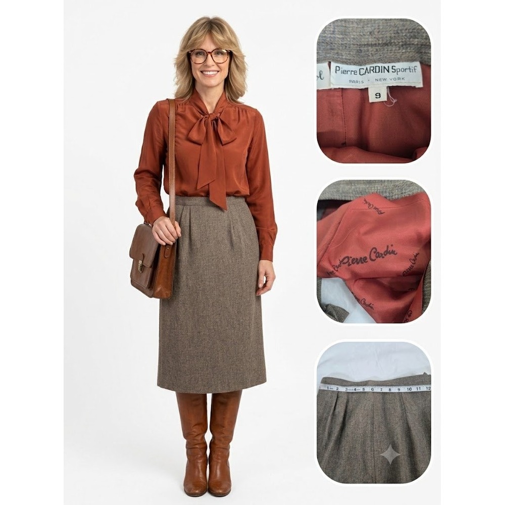 Pierre Cardin Sportif Skirt Womens 2 BrownWool Tweed Midi Pencil Vintage 70's